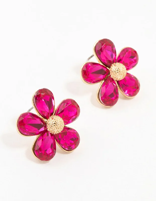 Luxury Designer Earrings-Hot Pink Gold Stapled Diamante Flower Stud Earrings