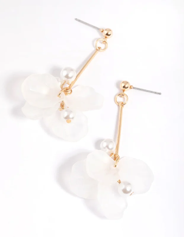 Luxurious Gold Earrings-White Frosted Flower Stick Drop Earrings