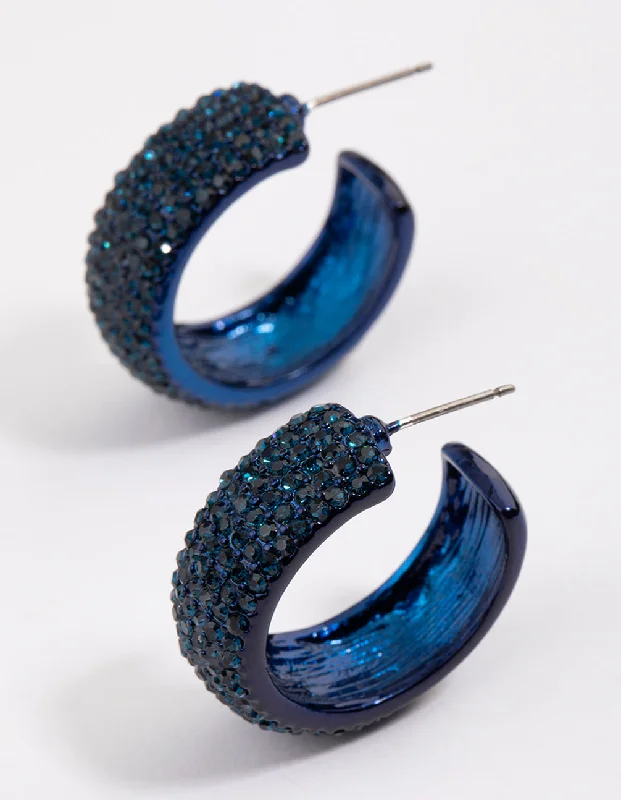 Embellished Earrings-Navy Coated Pavement Midi Hoop Earrings