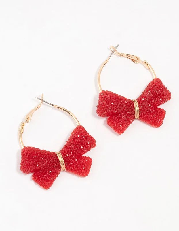 Multi-Colored Earrings-Red Bow Acrylic Hinge Hoop Earrings