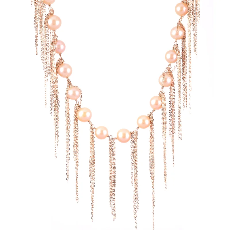 Layered Gold Chain Necklace-Pink Fringe 31" Necklace