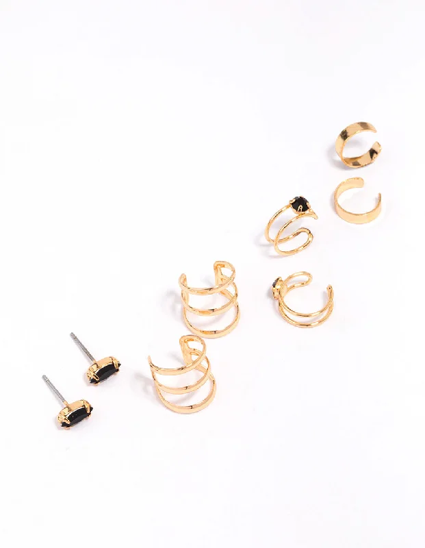 Pearl Hoop Earrings-Gold & Black Marquise Stone Earring 4-Pack