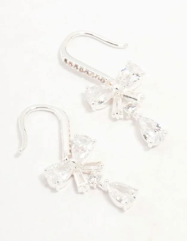 Handmade Boho Earrings-Silver Plated Pear Cut Cubic Zirconia  Bow Hook Earrings