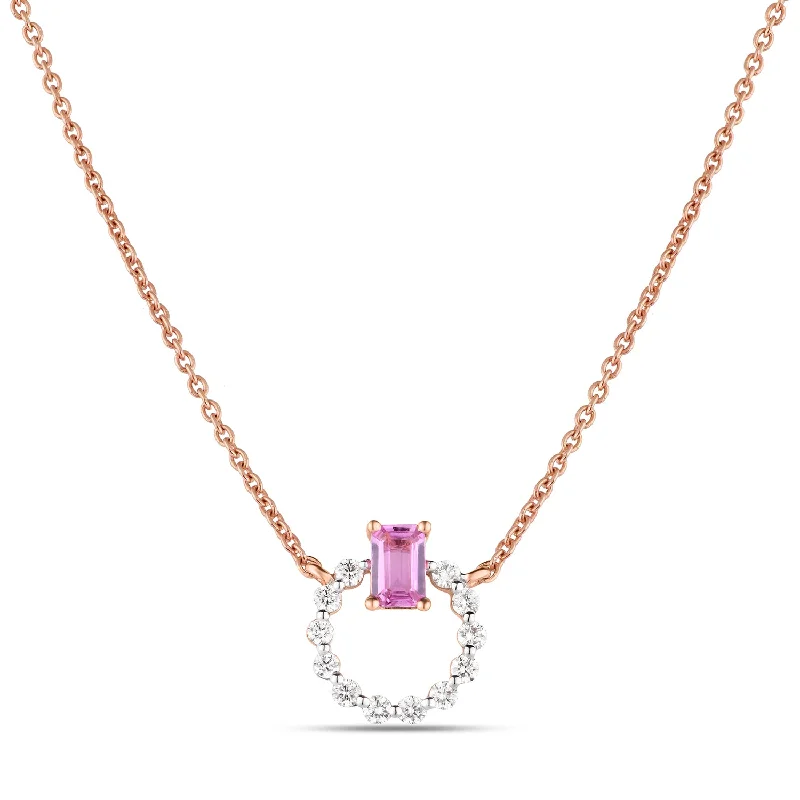 Beautiful Pearl Necklace-Pink Sapphire Circular Diamond Necklace