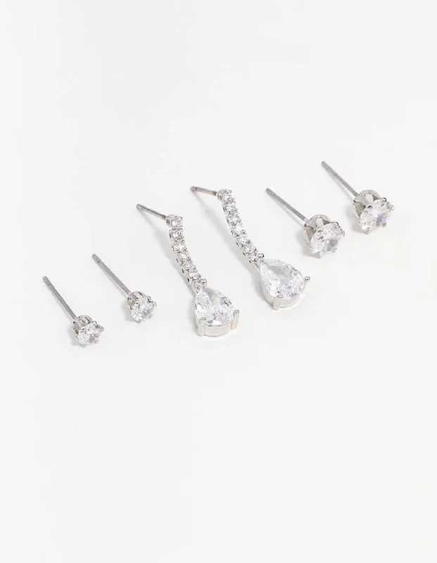 Cute Pearl Earrings-Silver Cubic Zirconia Stud & Drop Earrings 3-Pack