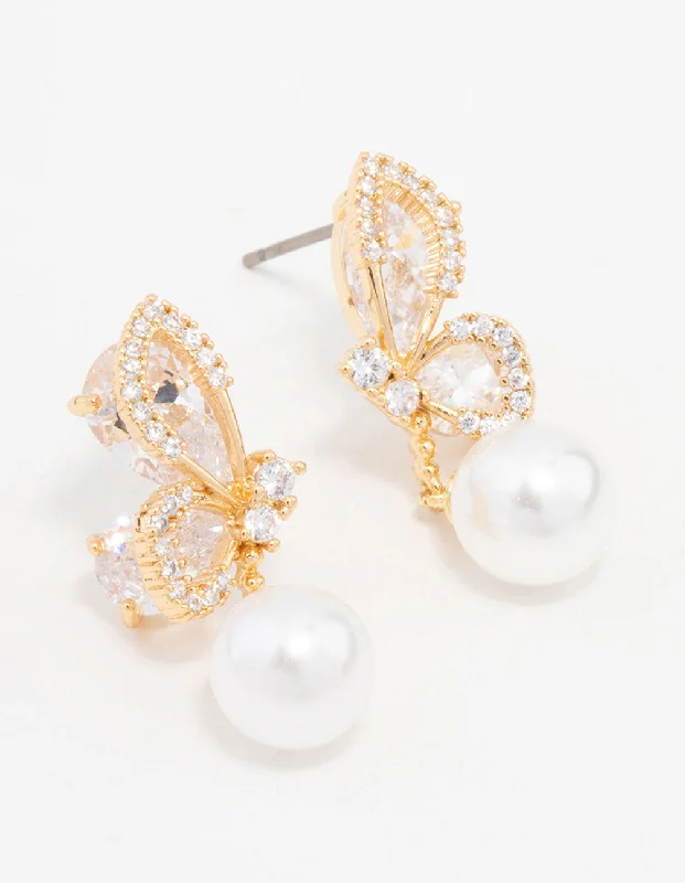 Rhinestone Earrings-Gold Plated Cubic Zirconia Butterfly Pearl Drop Earrings