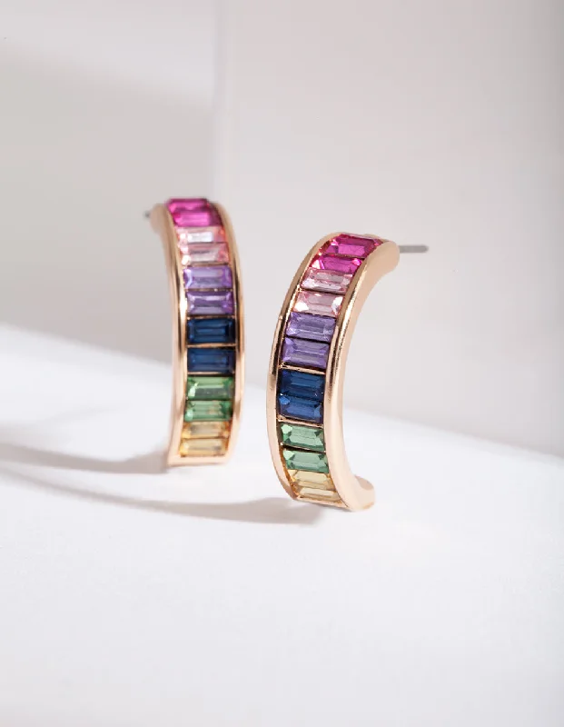 Metal Hoop Earrings-Gold Rainbow Gem Hoop Earrings