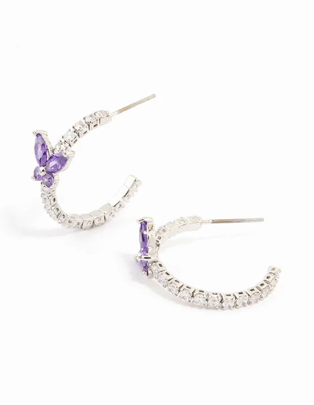 Geometric Hoop Earrings-Diamante Silver Cupchain Butterfly Hoop Earrings