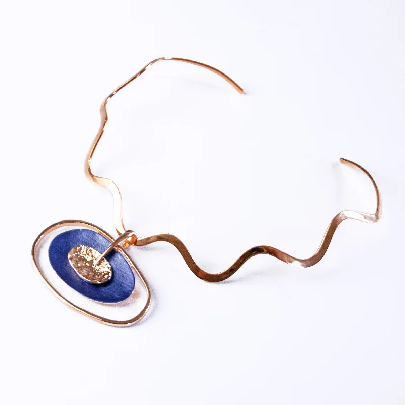 Crystal Chain Necklace-Boho Style Double Oval Necklace, Rose Gold & Blue