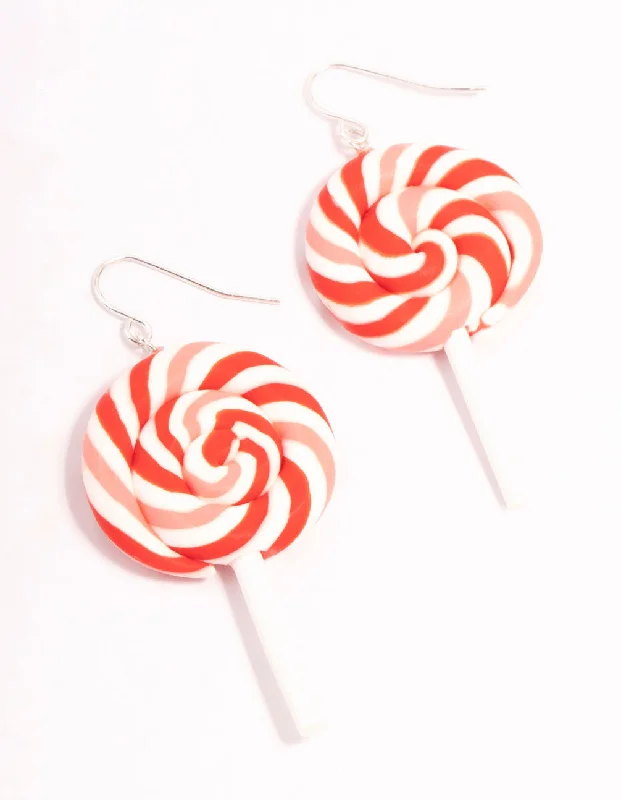 Gothic Style Earrings-Red Swirled Lollipop Drop Earrings