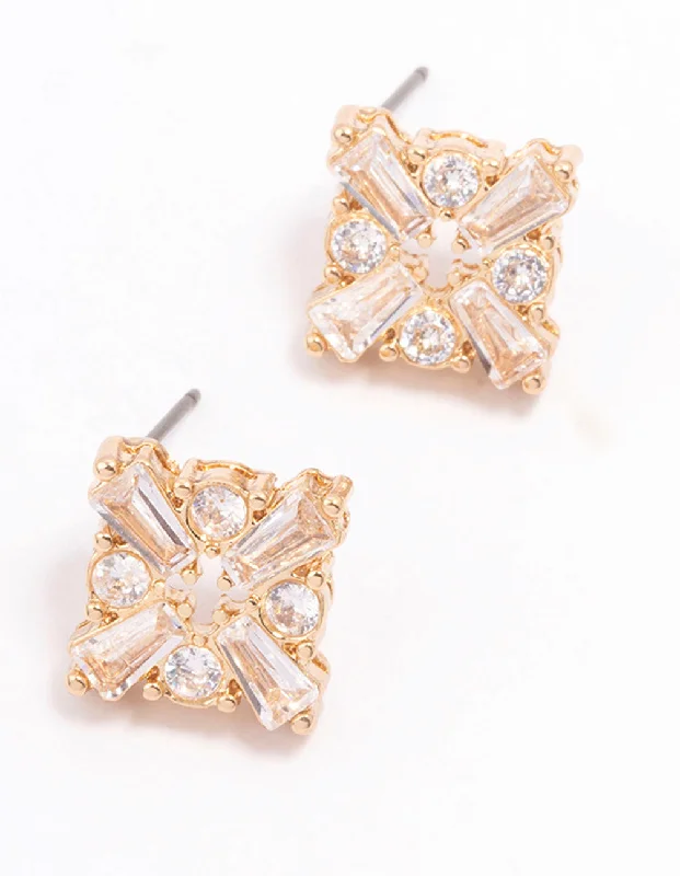 Elegant Swarovski Earrings-Gold Plated Round & Baguette Stud Earrings