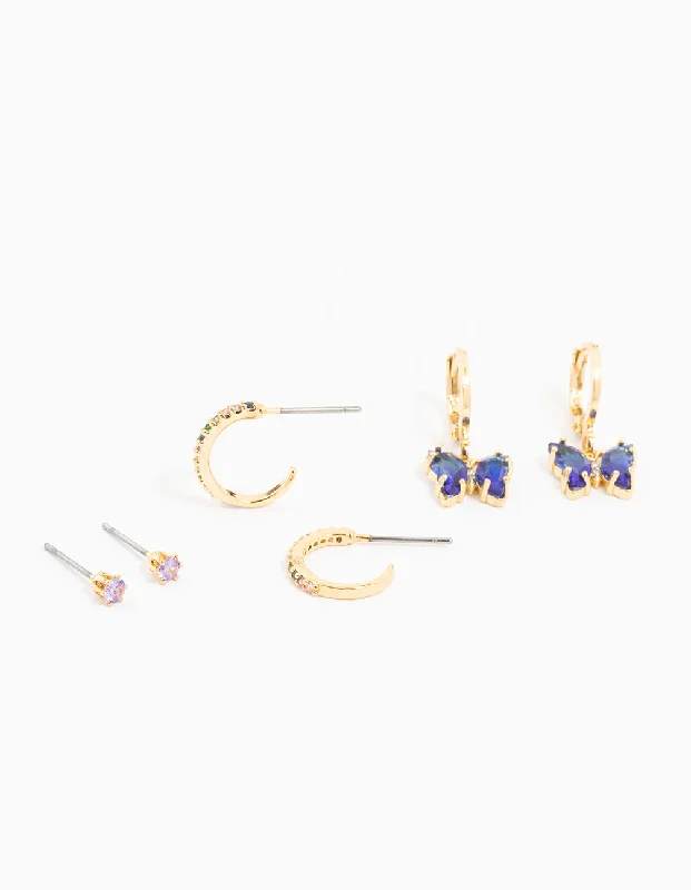 Butterfly Shape Earrings-Gold Plated Blue Cubic Zirconia Butterfly Earrings 3-Pack