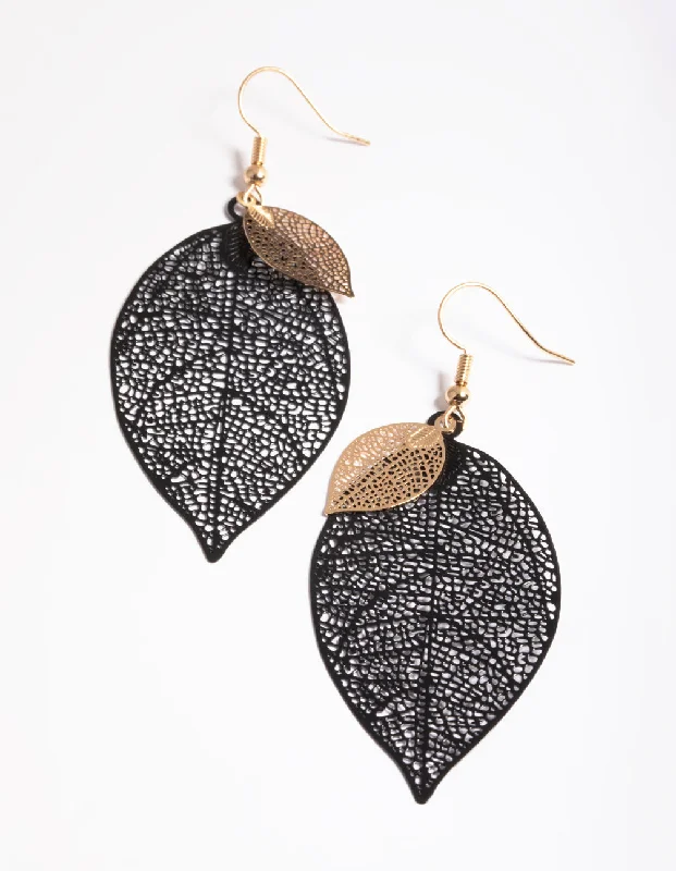 Multi-Colored Earrings-Black Double Leaf Drop Earrings