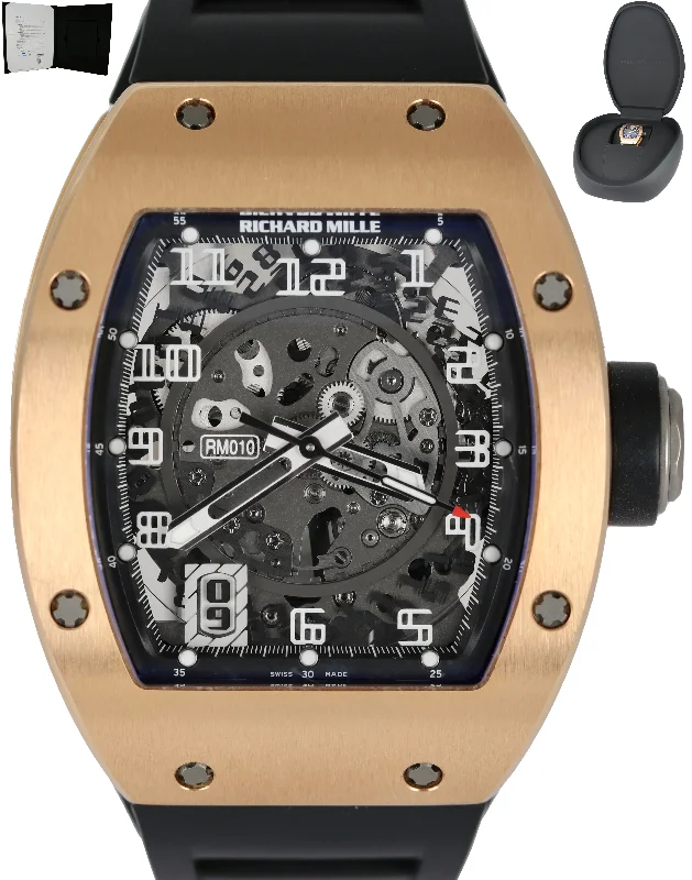 Luxury Men's Watch-MINT Richard Mille RM010 18K Rose Gold Black Rubber 40mm RM 10 B+P Watch