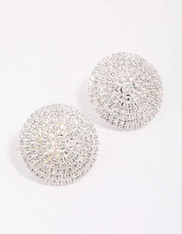 Luxury Chandelier Earrings-Silver Cubic Zirconia Statement Round Stud Earrings