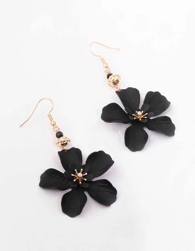 Classic Gold Earrings-Black Bead Drop Matte Flower Drop Earrings