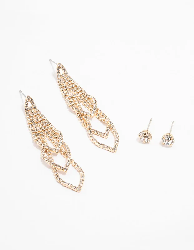 Beaded Hoop Earrings-Gold Diamante Studs & Oval Dangly Earrings 2-Pack