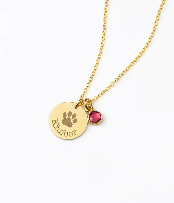 Vintage Gemstone Necklace-Paw Print Disc Necklace with Birthstone Charm