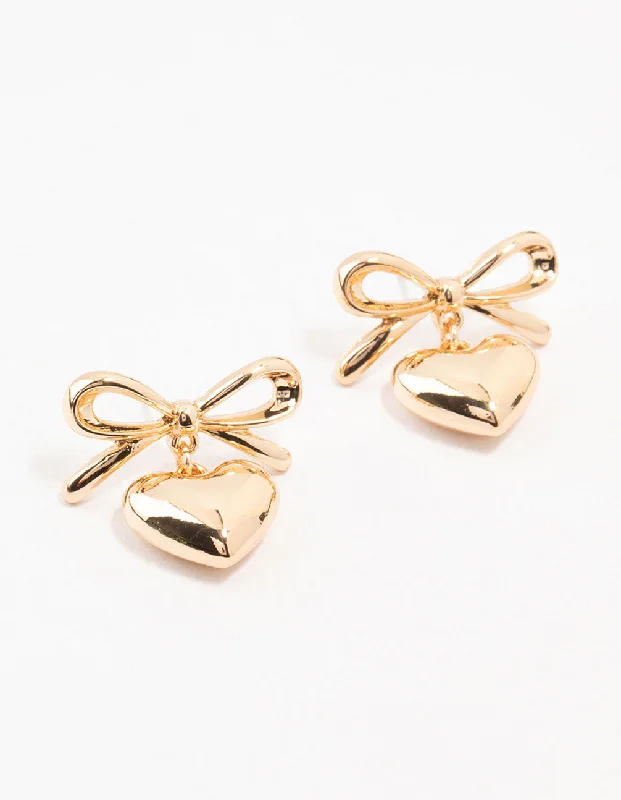 Long Dangle Earrings-Gold Bow & Puffy Heart Drop Earrings