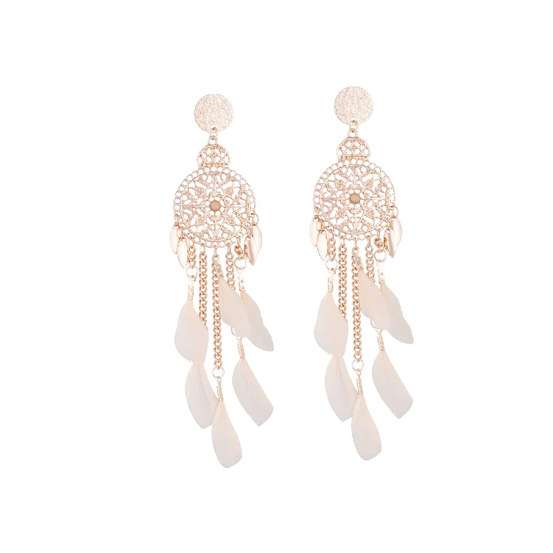 Simple Drop Earrings-Rose Gold Pink Filigree Cascade Feather Earrings