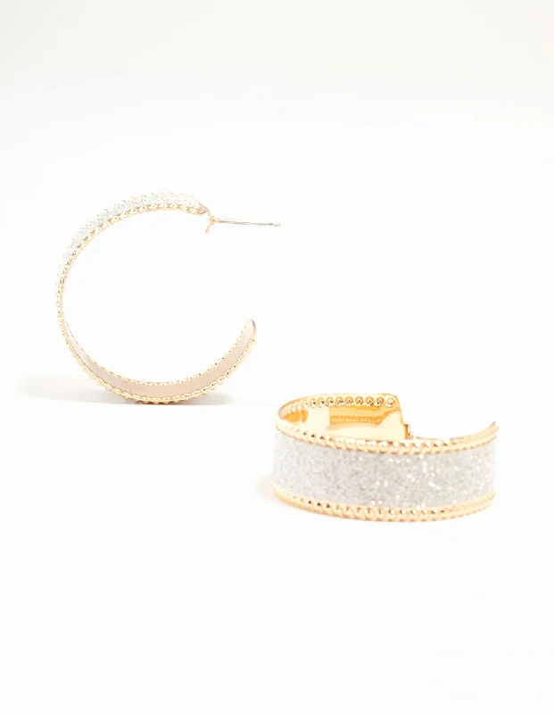 Geometric Shape Earrings-Gold Wide Glitter Hoop Earrings