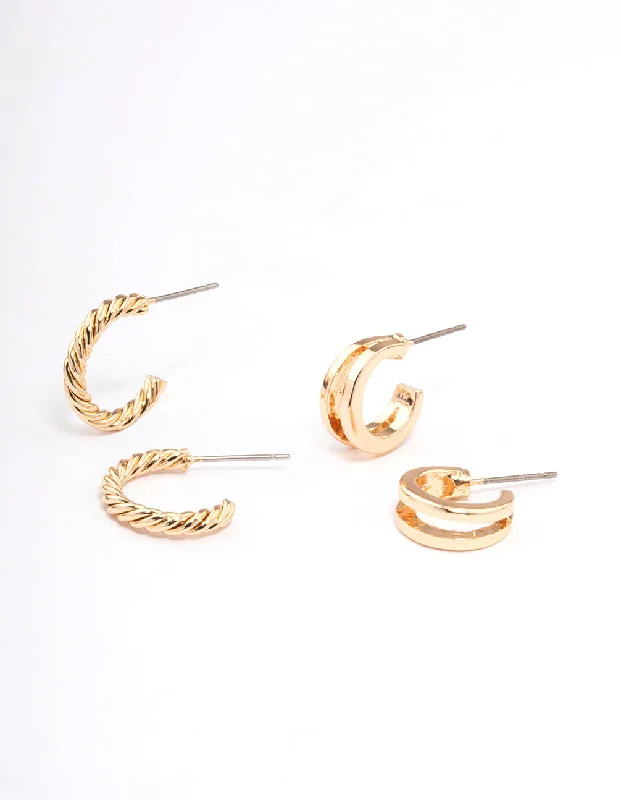 Luxury Silver Earrings-Gold Double Hoop & Spiral Earring Pack