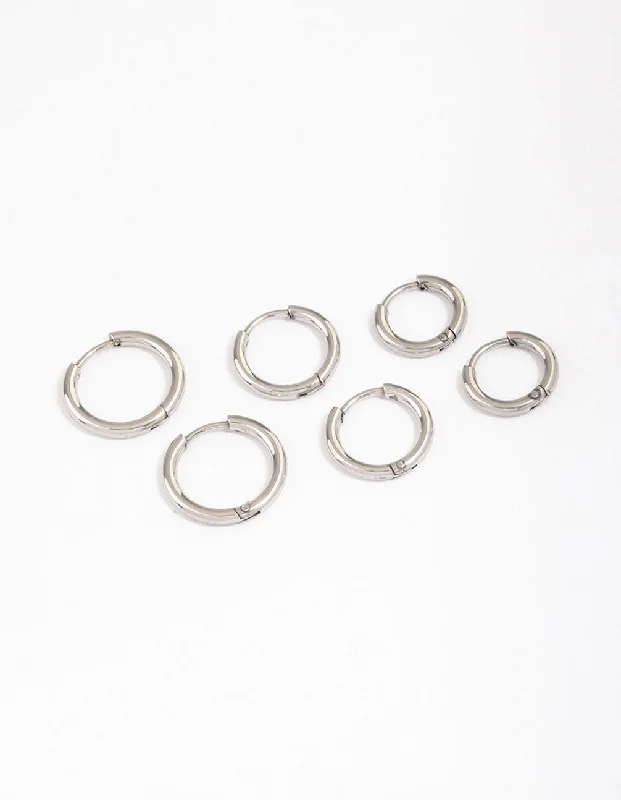 Simple Silver Drop Earrings-Surgical Steel Thin Classic Hoop Earrings Pack