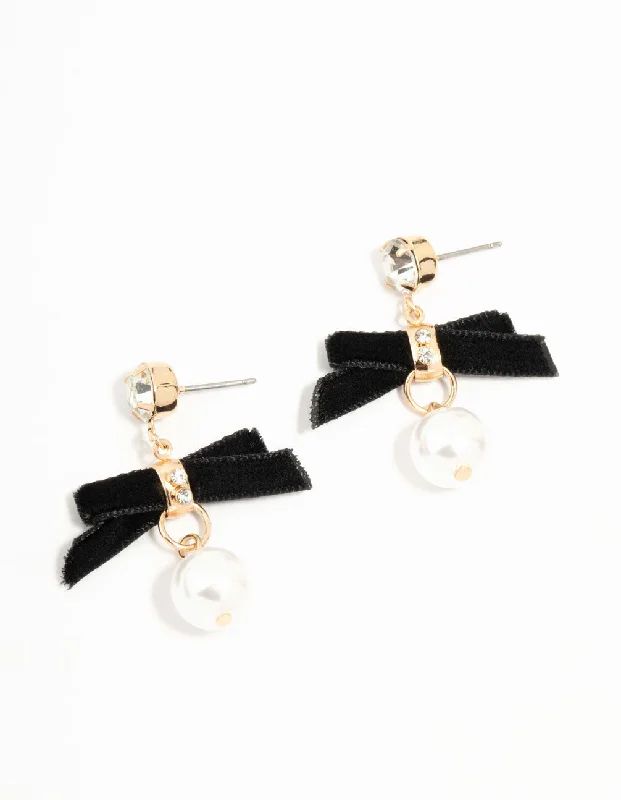 Personalized Name Earrings-Black Velvet Bow & Mini Pearl Drop Earrings