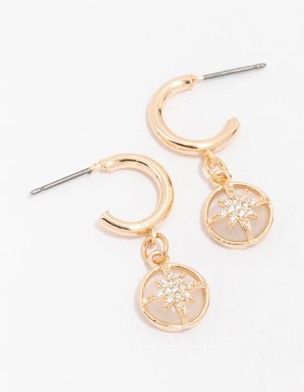 Gold Stud Earrings-Gold Diamante Round Star Huggie Hoop Earrings