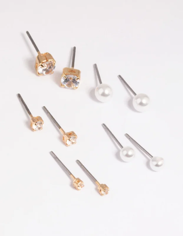 Adjustable Drop Earrings-Gold Diamante Stud Earring 5-Pack