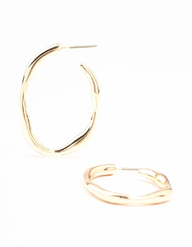 Cute Pearl Earrings-Medium Gold Warped Fine Hoop Earrings