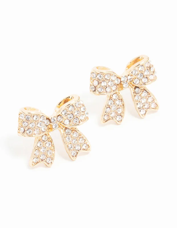 Handmade Gold Earrings-Gold Pave Set Diamante Bow Stud Earrings