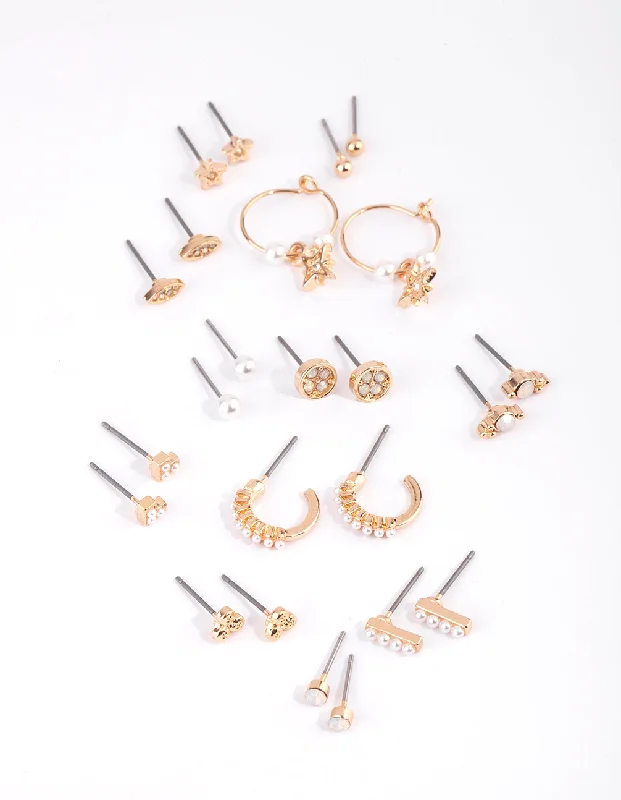 Casual Earrings-Gold Celestial Pearl Stud Earring 12-Pack