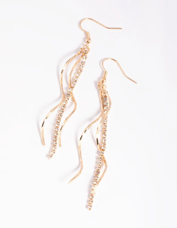 Handmade Beaded Earrings-Gold Diamante Twisted Drop Earrings