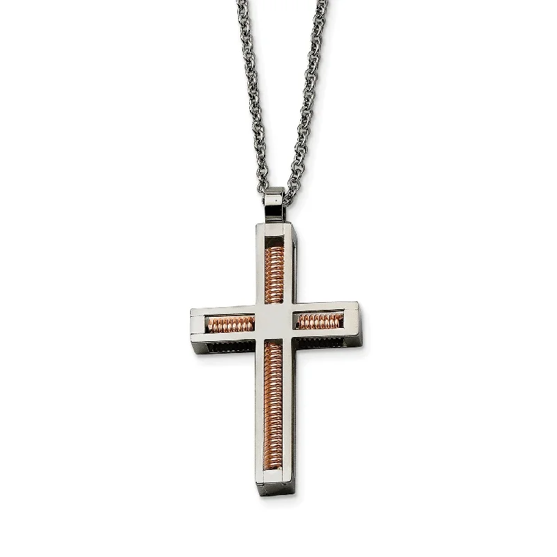 Gold Choker Necklace for Women-Stainless Steel Polished & Pink IP-plated Cross Necklace