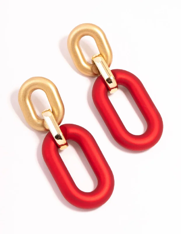 Large Gold Earrings-Red Coated Metal Pearlised Link Drop Earrings