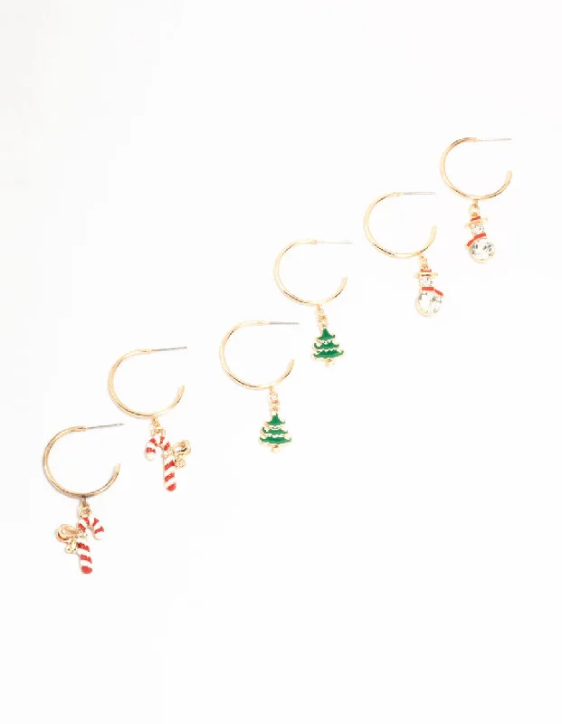 Trendy Drop Earrings-Gold Festive Charm Hoops Earrings 3-Pack