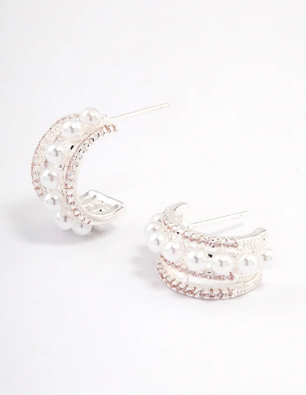 Cute Flower Earrings-Silver Plated Cubic Zirconia Pearl Layered Small Hoop Earrings