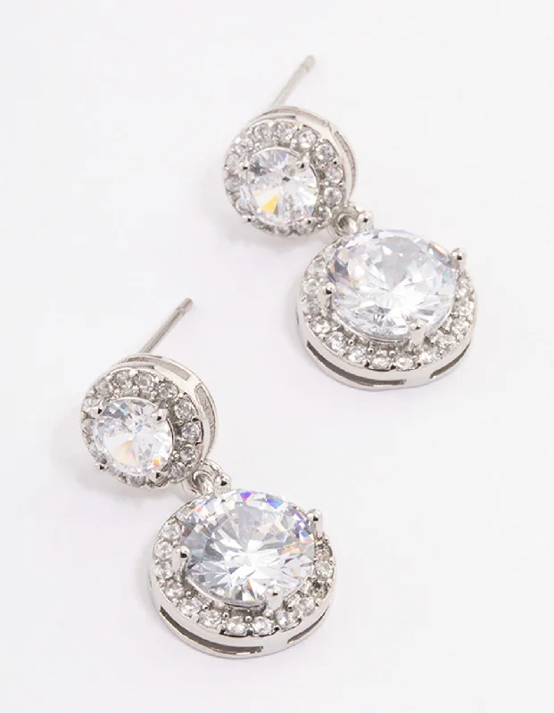 Luxury Diamond Earrings-Silver Double Halo Round Drop Earrings