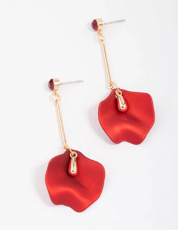 Crystal Stud Earrings-Gold & Red Pearlised Petal Drop Earrings