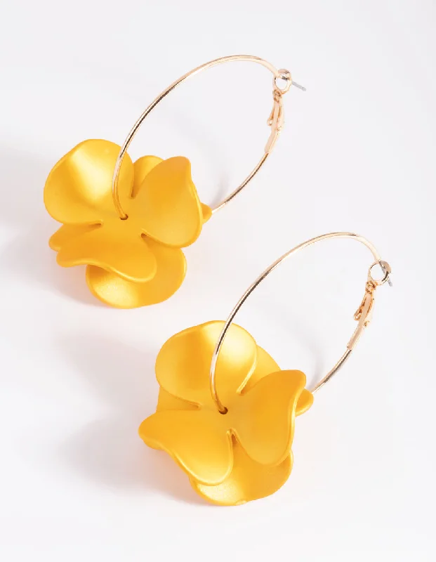 Multi-Layer Earrings-Matte Yellow Flower Hoop Earrings