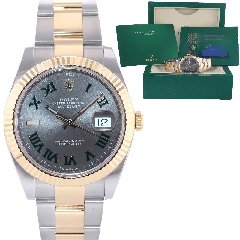 Women's Stainless Steel Sports Watch-2021 PAPERS Rolex DateJust 41 126333 Two Tone Gold Wimbledon Grey Watch Box