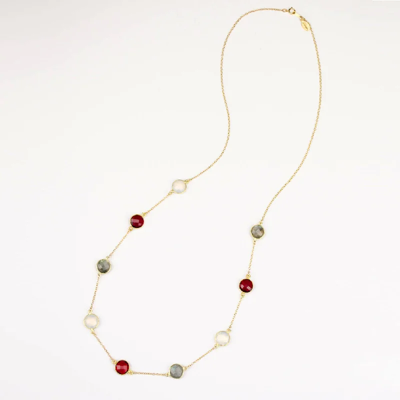 Sterling Silver Necklace-Long Garnet, Labradorite, Opalite bezel station necklace