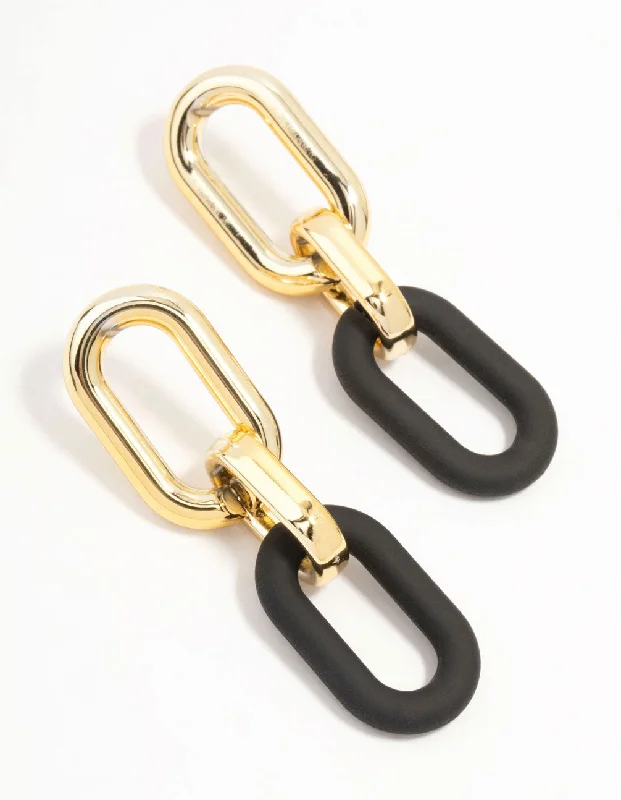 Swarovski Crystal Earrings-Gold & Black Chubby Link Drop Earrings