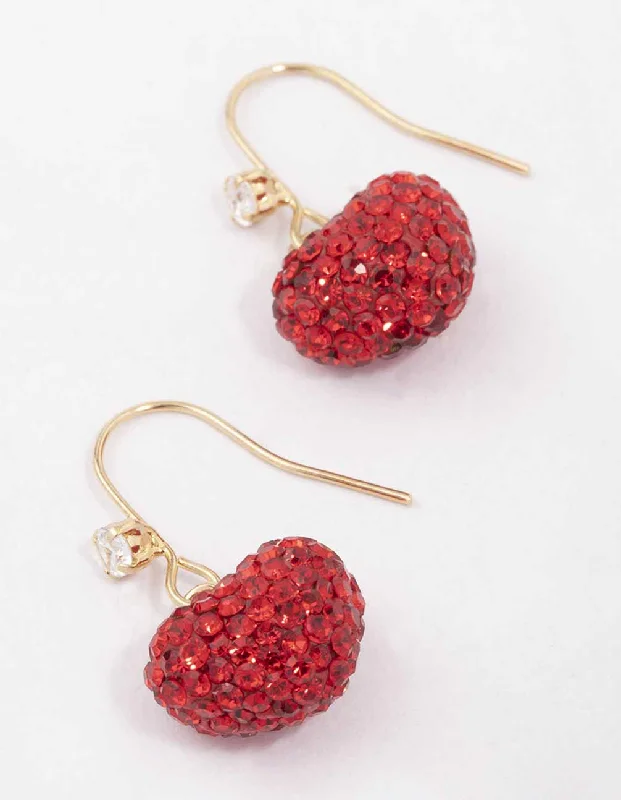 Long Chain Earrings-Gold & Red Glamorous Puffy Heart Drop Earrings