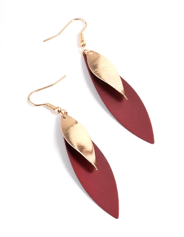 Chunky Gold Earrings-Maroon Long Double Leaf Drop Earrings