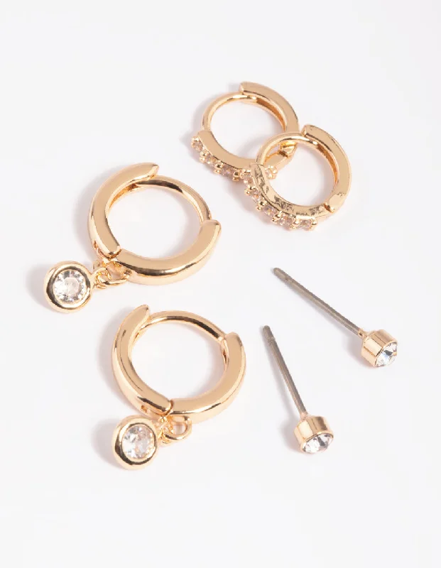 Gold Stud Earrings-Gold Clear Stud & Huggie Earring Stack Pack