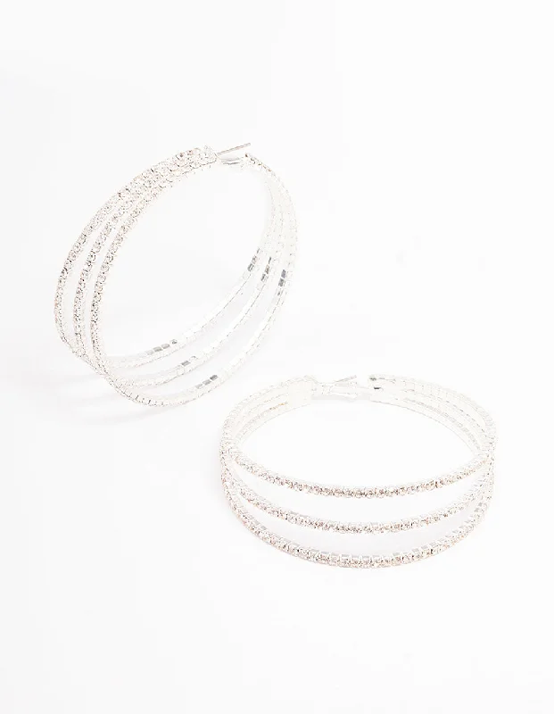 Party Earrings-Silver Medium Triple Row Diamante Hoop Earrings