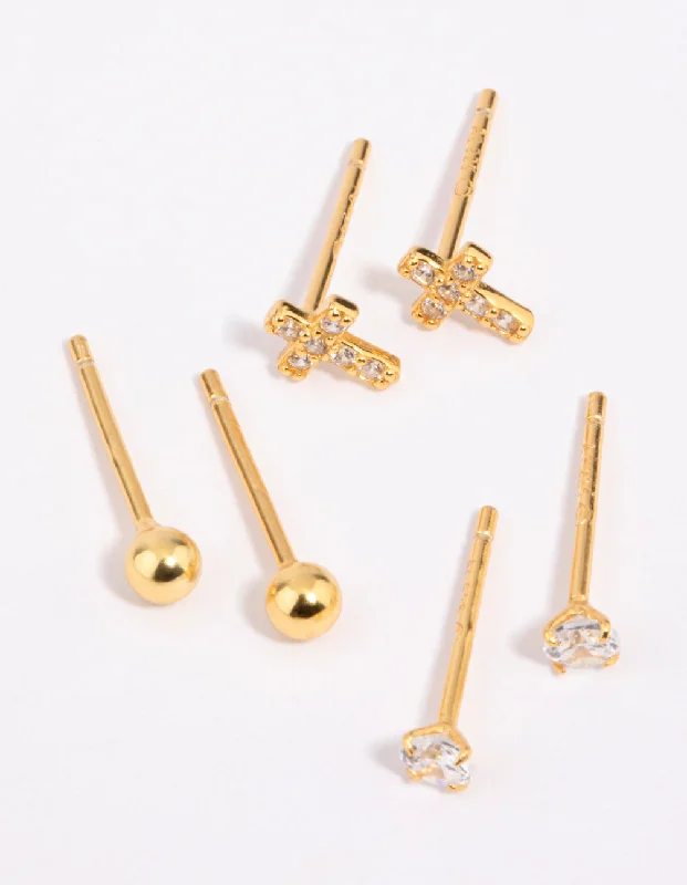 Handmade Gold Earrings-Gold Plated Sterling Silver Cross & Diamante Stud Earring Pack