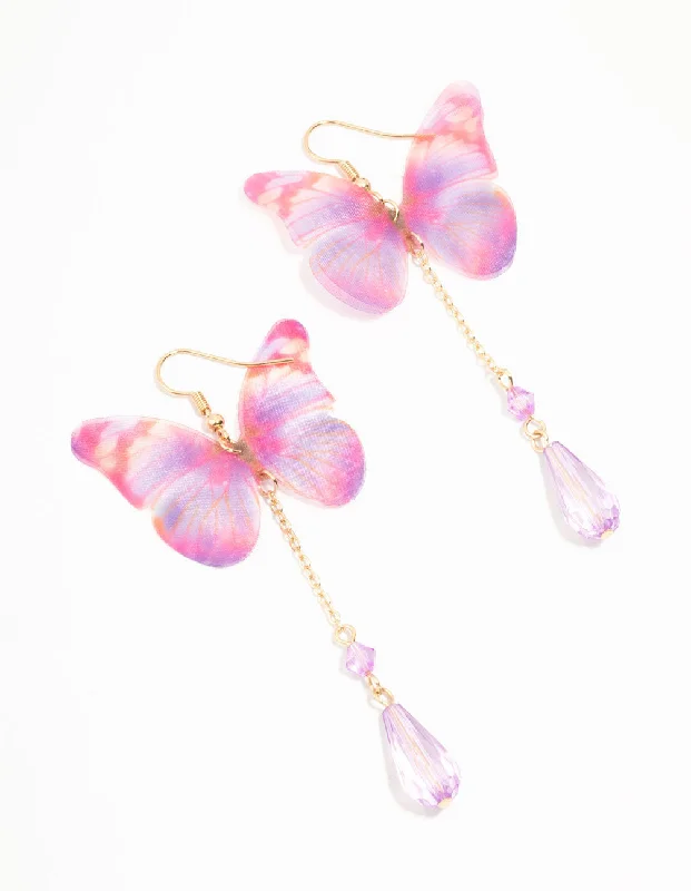 Gold Dangle Earrings-Pink Tie Dye Butterfly Drop Earrings